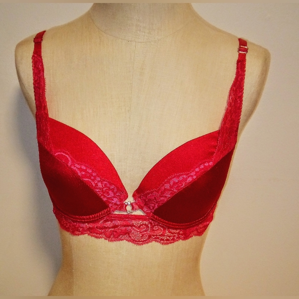 🩲Nwot black fuchsia by secret lace LLC red lace push-up padded bra 36B